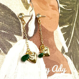 Malachite gold hearts charms extra long dangle earrings statement bohemian